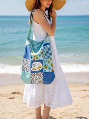 Beach Slouchy Tote Bag Vintage Patchwork Handmade